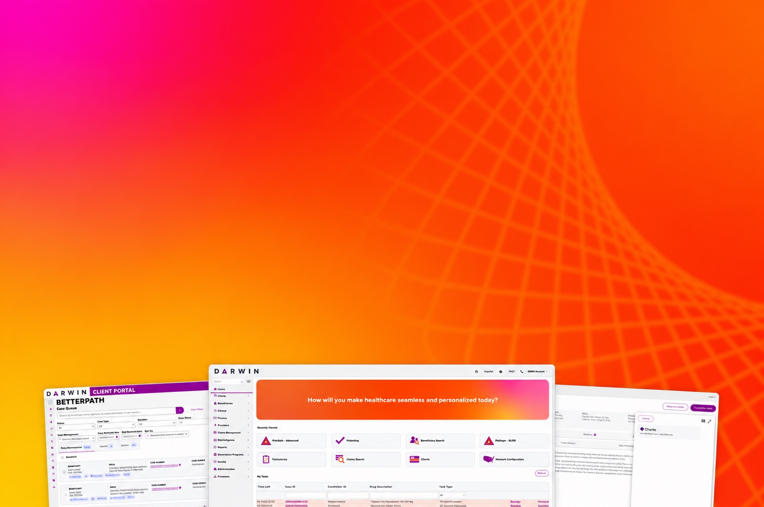 Darwin client portal, home dashboard, and Charlie assistant screens