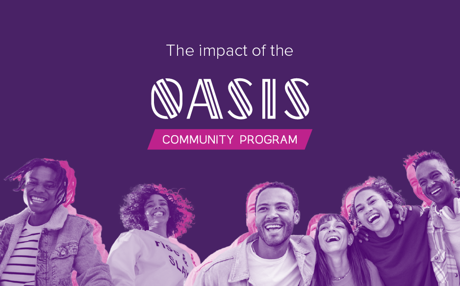 Purple graphic featuring diverse people smiling together with the text “The impact of the Oasis Community Program.”