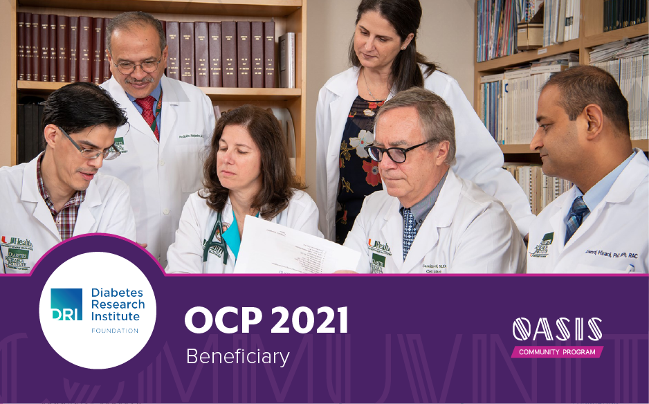 Medical researchers in lab coats reviewing documents together, representing the Diabetes Research Institute Foundation as an OCP 2021 beneficiary.