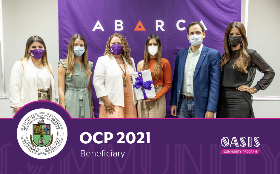 Abarca Health team presents OCP 2021 beneficiary award to University of Puerto Rico Medical Sciences Campus representatives in front of a purple Oasis Community Program backdrop.