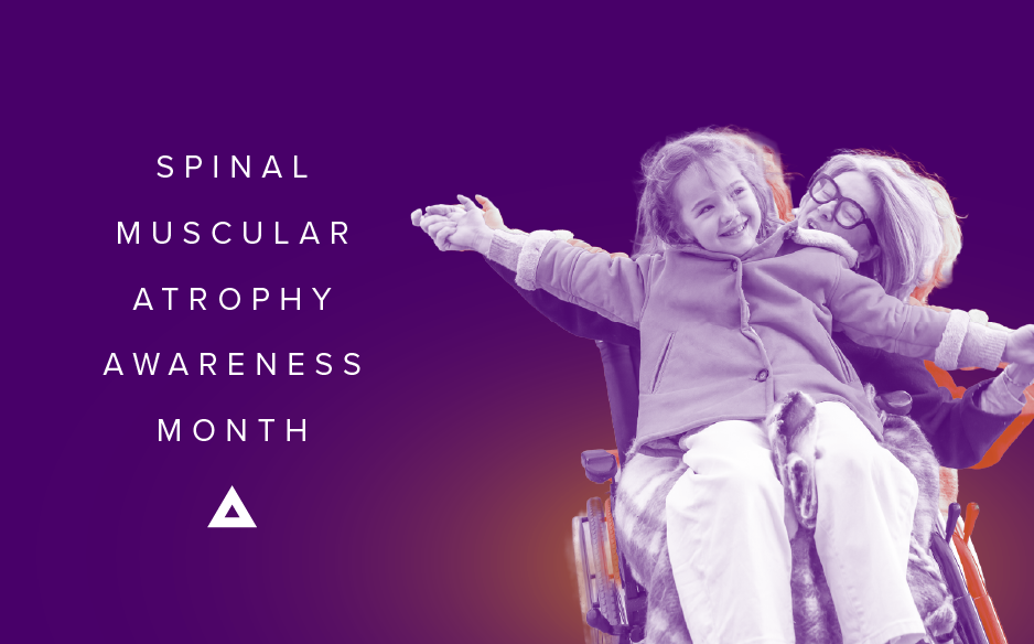 Spinal Muscular Atrophy Awareness Month graphic with a child and caregiver smiling together