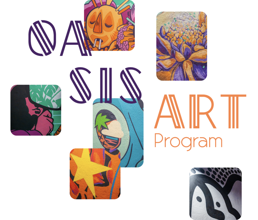 Colorful collage of mural-style artwork highlighting Abarca Health’s Oasis Art Program, featuring abstract figures, a stylized face, floral elements, and bold graphic details arranged around the text “Oasis Art Program” on a black background.
