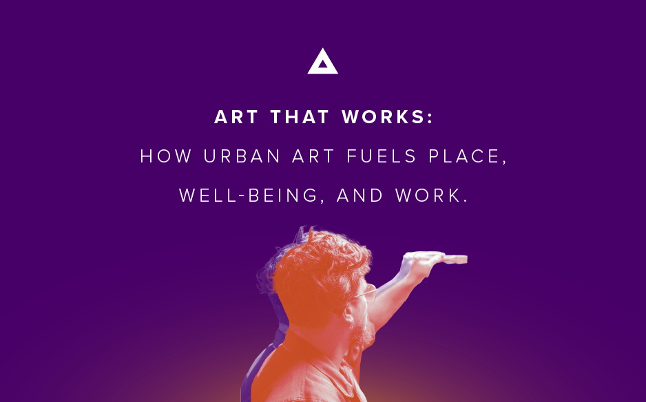 Abarca blog graphic with purple background reading “Art That Works: How Urban Art Fuels Place, Well-Being, and Work,” featuring a stylized person painting or reaching upward in an orange/pink overlay.