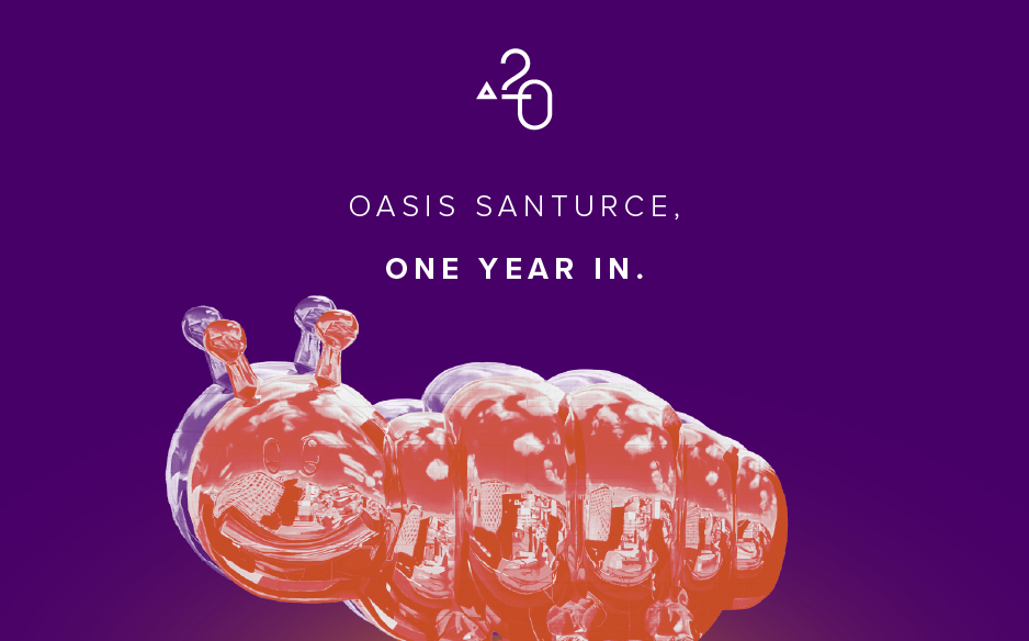 Abarca graphic on a purple background featuring the text “Oasis Santurce, One Year In.” above a glossy orange-and-clear caterpillar-like sculpture.