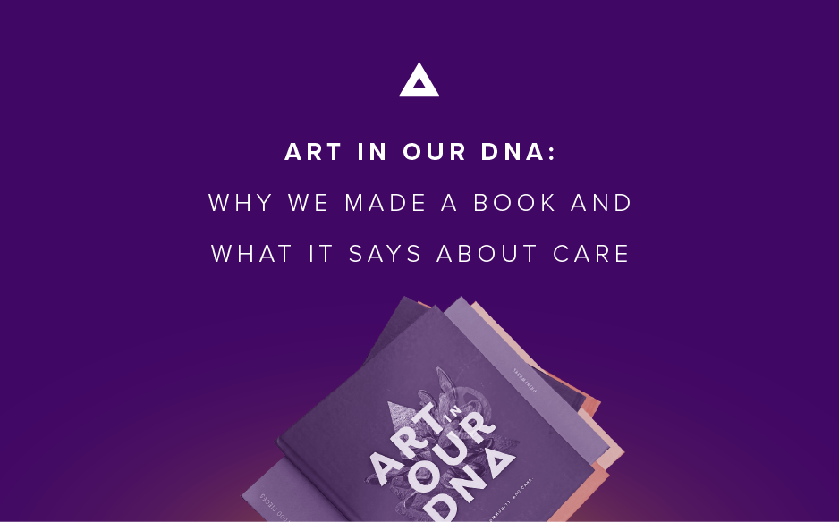 Purple graphic with the title ‘Art in Our DNA: Why we made a book and what it says about care’ above a stack of books.