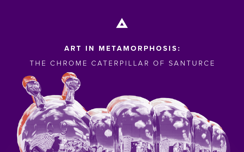 Blog thumbnail for “Art in Metamorphosis: The Chrome Caterpillar of Santurce,” featuring Bikismo’s Chrome Caterpillar Mural on a purple background.