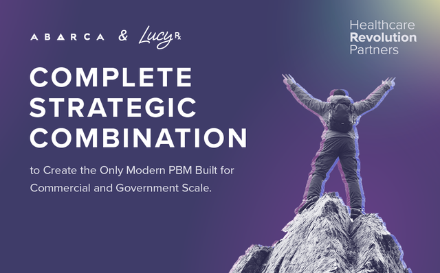 "Abarca and Lucy Rx strategic combination announcement, with a climber celebrating atop a mountain peak.